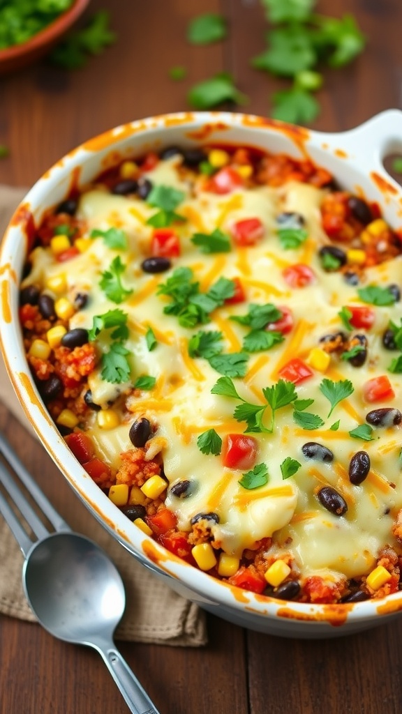 A colorful quinoa enchilada bake topped with melted cheese and cilantro in a casserole dish on a wooden table.